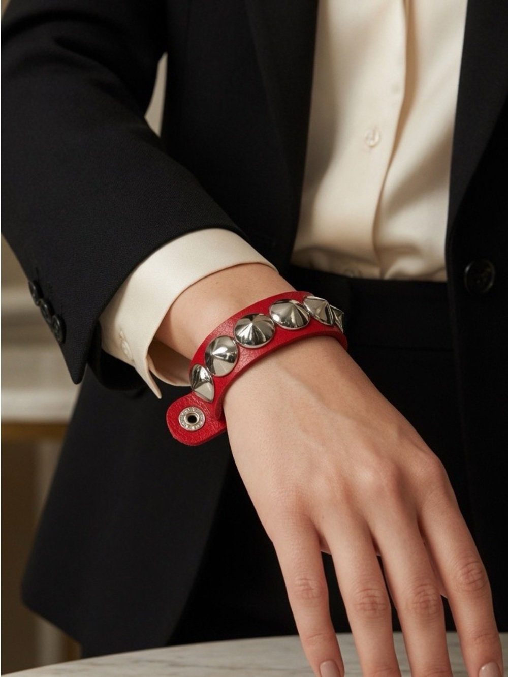 Red Edgy Rock Chic Silver Studded Spike Leather Bold Bracelet Concert Adjustable